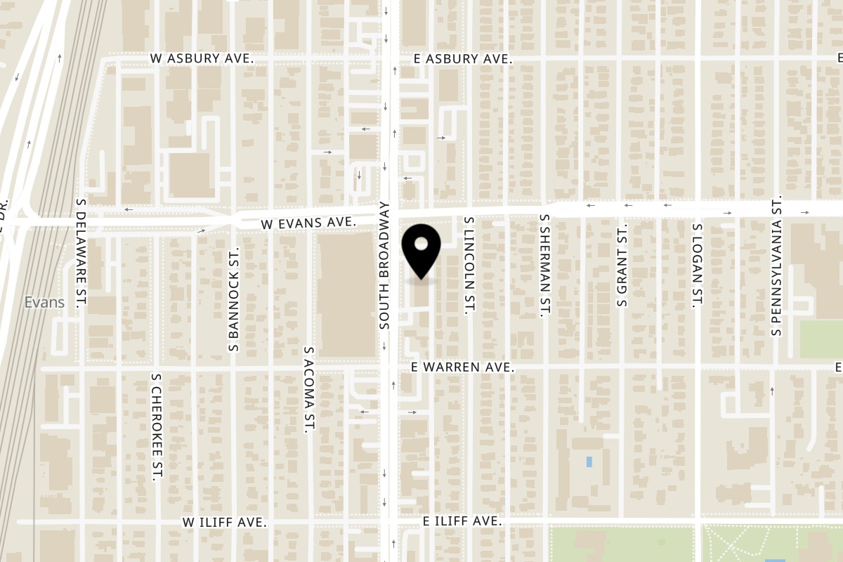 Map showing the location of Joyce's Famous Pizza on 2120 S Broadway in Denver